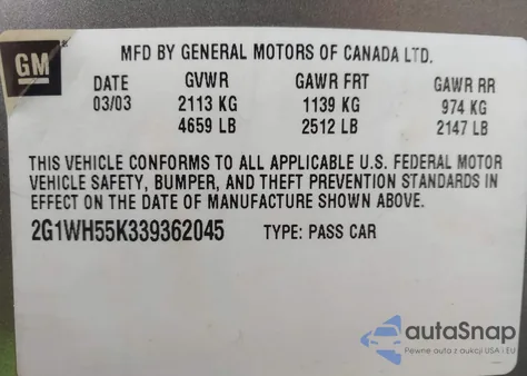 2003 Chevrolet Impala Ls из США, поврежденный, VIN 2G1WH55K339362045